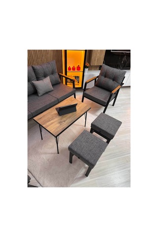 Houseart Balkon, Bahçe - Metal Kanepe Koltuk Takımı 3+1+1 + 2 Adet Puf + Sehpa Gri