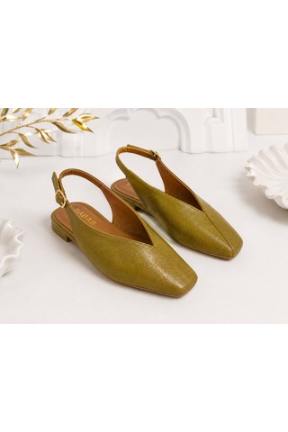 Dabab Shoes Lıvora Kadın Yağ Yeşili Kare Burun Tokalı Düz Taban Slingback Casual Babet Ayakkabı Yeşil