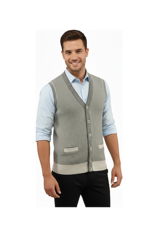 Çizgi Triko Erkek Düğmeli Yelek Cepli Çelik Örgü Klasik Kalıp 5208l Bgl-st04964 Taş