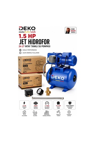 Deko Dkjet2490 1.5 Hp Bakır Sargılı Jet Hidrofor 24 Lt Otomatik Basınç Su Pompası Villa Bahçe