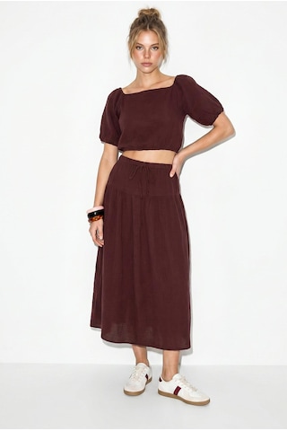 Shade Kadın Balon Kollu Crop Bluz Bağlama Detaylı Pamuklu Müslin Etek Takım Yc2728 60286287 - Mürdüm