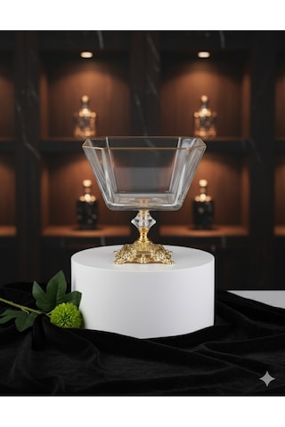 Çnr Home Collection Paşabahçe Metal Ayakli Gold Detayli Cam Büyük Boy Salata-servis -sunum Kasesi Gold
