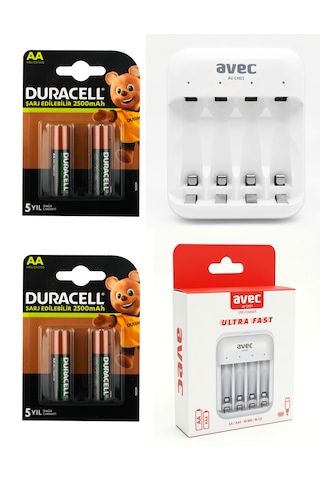 Avec Hızlı Şarj Cihazı + Duracell 2500mah Şarjlı Kalem Pil 4 Adet