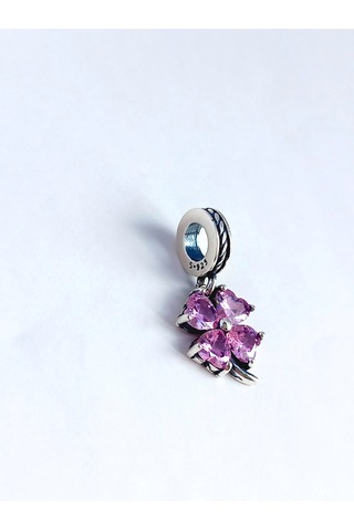 Gümüş Zirkon Taşlı Pembe Şans Yonca Tasarım Kadın Charm
