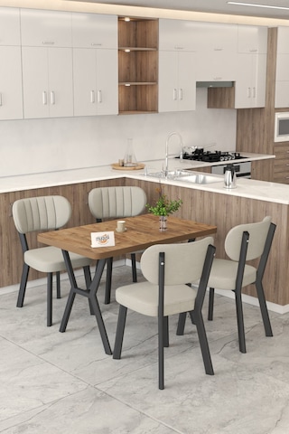 Gnr 70x110cm Sabit Atlantik Mutfak Masası Takımı, Yemek Masası, 4 Modern Krem Sandalye Gri