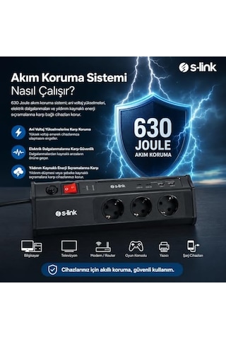 S-link Prz03 Prizhive 3 Metre 630 Joule 3x1.5mm 2xusb 2xtype C 2.4a/5v 250v 16a/3860w 6 Lı Akım Ve Çocuk Korumalı Priz, 16a Sigortalı Yıldırım Korumalı Priz