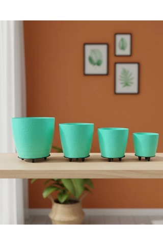 4 Lü 3d Yeşil Dekoratif Vazo Seti Modern Ayaklı Şık Saksı Takımı