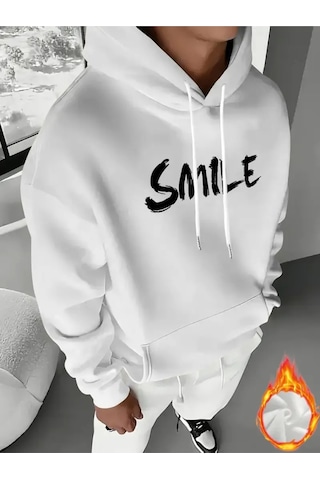 Nevermind Unisex Oversize Smile Yazılı Hoodie Trend Streetwear Kapüşonlu Beyaz