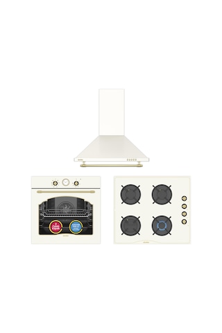 Simfer 9 Fonksiyon Retro Bej 3'lü Ankastre Set (8218 Fırın + 3326 Ocak + 8716 Davlumbaz)