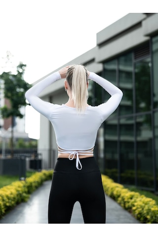 Lismina V Yaka Uzun Kollu Beli Bağcıklı Spor Crop Tişört Beyaz