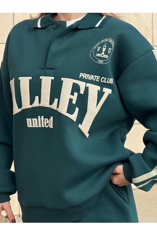 Reka Moda Üç İplik Yakalı Sweat Baggy Pantalonlu Takım - Yeşil Yeşil