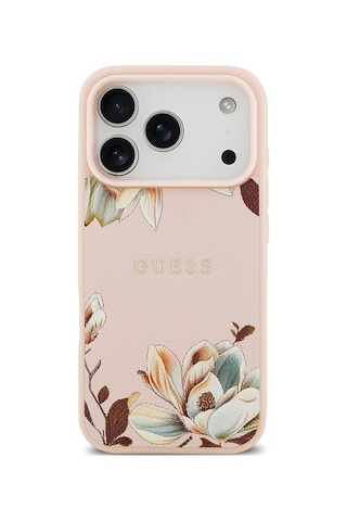 Apple Uyumlu iPhone 17 Pro Kılıf Guess Lisanslı M-safeli Taneli Çiçek Tasarımlı Metal Yazı Logolu Pembe Pembe