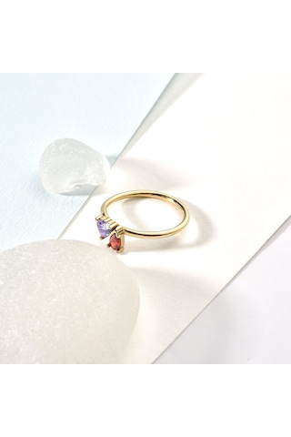 14 Ayar Altın Kaplama Kalp Ve Damla Renkli Taşlı Yüzük - Rs00111 Altın