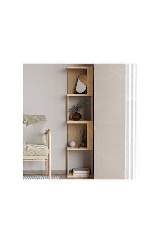 Herry Köşe Kitaplık Dekoratif Raf Ünitesi, Modern Kütüphane Sıcak Meşe/safir Meşe