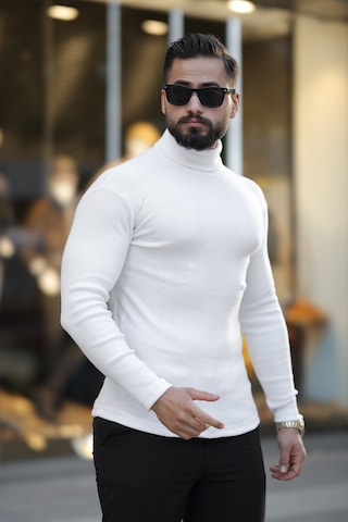 Erkek Beyaz Boğazlı Triko Kazak Beyaz