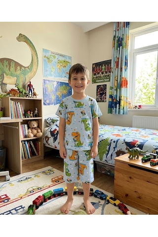 Aliş Kids Erkek Çocuk Pamuklu Mavi Renk Dinozor Desenli Kısa Kollu Şortlu Yazlık Pijama Takımı