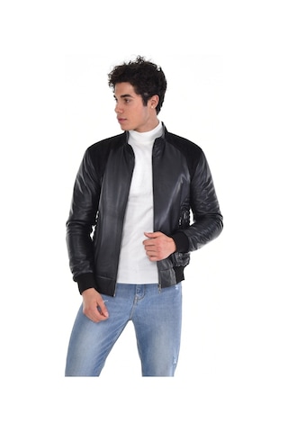 Hakiki Deri Siyah Erkek Deri Mont Kollar Ve Belden Lastikli Çift Fermuarlı Yandan Cepli Deri Ceket Siyah