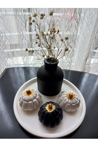 Tabakta 3'lü Mini Balkabağı Vazo Dekoratif Beyaz Siyah Set 03