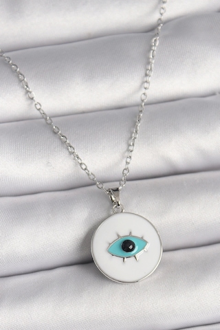 316l Çelik Gümüş Renk Zincir Beyaz Mineli Turkuaz Göz İşleme Model Kadın Kolye