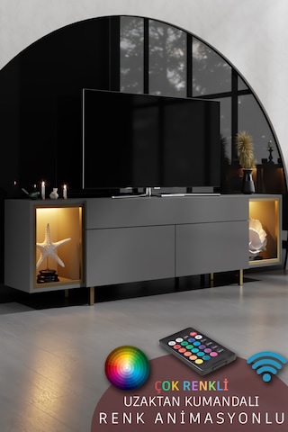 Zenith Gold Demir Ayaklı Rgb Led Işık Sistemli Antrasit Tv Ünitesi Tv Sehpası Antrasit - Altın