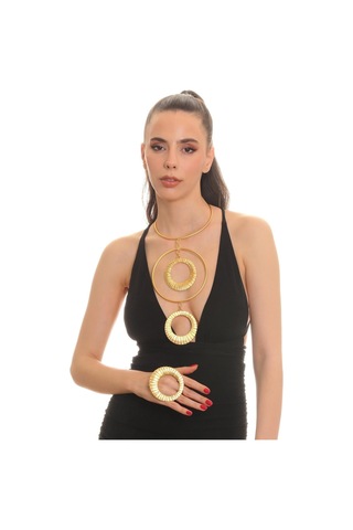 Kadın Mat Altın Kaplama Dairesel Formlu Açık Bant Tasarım Kolye & Yüzük Set Altın