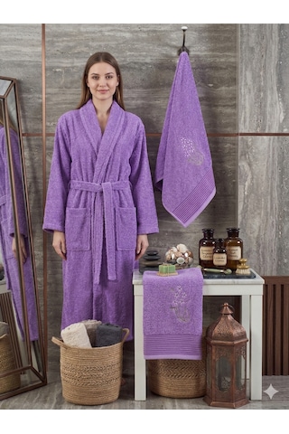 Premium 2'li Aile Bornoz Seti Çeyizlik Pamuklu Hediyelik Banyo Takımı S/m Lavanta