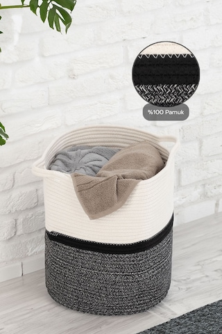 Hasır Dokuma Çamaşır Sepeti - Banyo Düzenleyici Pamuk Halat Saklama Sepeti 38 Cm Karışık Renk