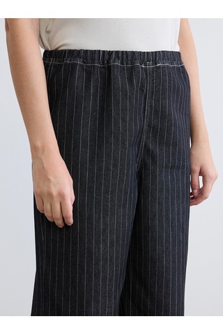 Lcw Eco Siyah Beli Lastikli Çizgili Wideleg Kadın Jean Pantolon