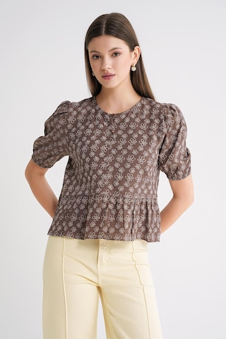 Mixray 4688 Kadın Balon Kol Çiçek Desenli Peplum Bluz Kahve