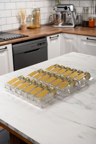 18'li Şeffaf Pleksi Standlı Cam Baharatlık Seti Gold Kapaklı Etiketli Baharatlık Takımı Mh02gld18 Gold - Şeffaf