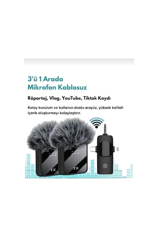 İkili Kablosuz Yaka Mikrofonu Type C Android İphone Uyumlu Canlı Yayın Ses Video Mikrofonu Siyah