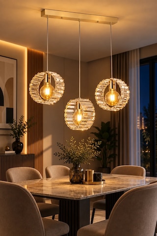 Modern Premium Gold Camlı Led 3 X E27 Duy Sarkıt Salon Mutfak Yemek Odası Avizesi 60w