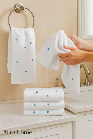 4 Lü Kalp Nakış İşlemeli El Yüz Havlu Seti %100 Pamuklu 50x90 Cm Hand Of Love Turkuaz