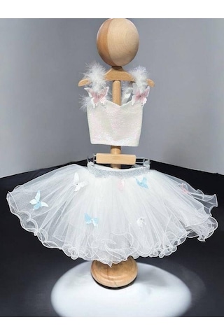 Kız Çocuk Kelebek Desenli Pullu Croplu Tütü Etekli Takım-15462 Beyaz