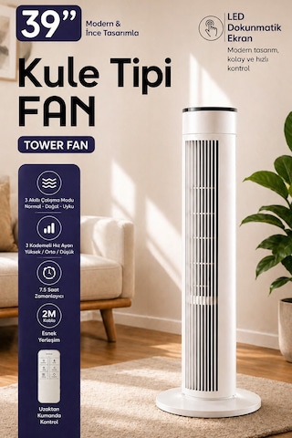 Exenar - Beyaz - Uzaktan Kumandalı Kule Tipi Fan 39" 45w 3 Rüzgar Modlu Led Dokunmatik Ekran Vantilatör Tower Fan