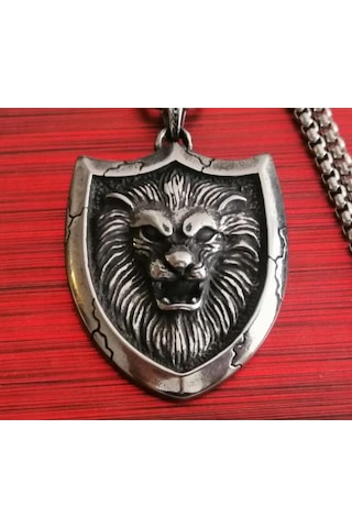 Paslanmaz Çelik Kabaratma Desen Aslan Kolye / 70 Cm Zincirli Gümüş