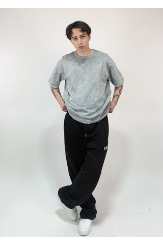 Zaee Vintage Washed Taşlı Oversize T-shirt Fırtına Gri