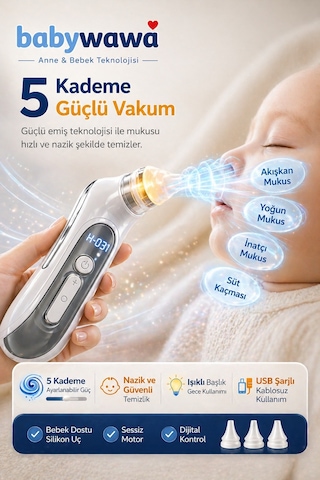 Babywawa H-031 Şarjlı Kendini Temizleyen 5 Kademe Burun Aspiratörü 0-12 Yaş Işıklı Müzikli Nazal Aspiratör