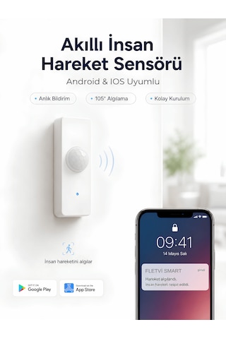 Fletvi Smart Akıllı Pır İnsan Hareket Sensörü Anında Bildirim Güvenlik Ve Otomasyon Hareket Yakalama Algılama Dedektörü