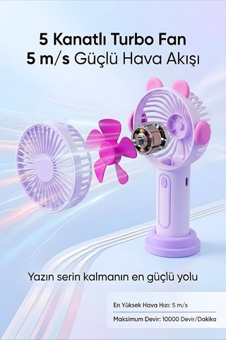 Şarjlı Taşınabilir Sevimli Kulak Tasarımlı Mini Fan 3 Kademeli Hız Telefon Standlı Vantilatör Mor