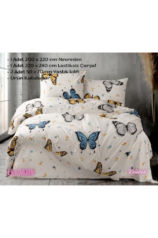 Ranforce Light Kelebek Çift Kişilik Nevresim Takımı Beyaz - Mavi - Hardal
