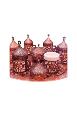 6 Kişilik Bakır Fincan Seti Zamak Selçuklu Motifli Metalik