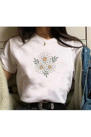 Noıssey Beyaz Papatya Çiçek Baskılı Oversize Kadın
