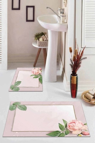 Pembe Çiçekli Desen Banyo Halısı Klozet Paspas Seti Bs009n11