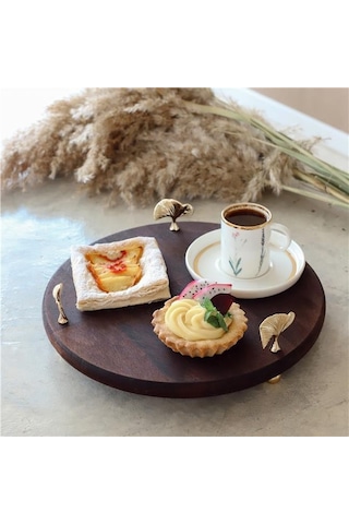 Akayev Ahşap 28 Cm Altın Ayak Ginkgo Yuvarlak Sunum Tabağı Beyaz