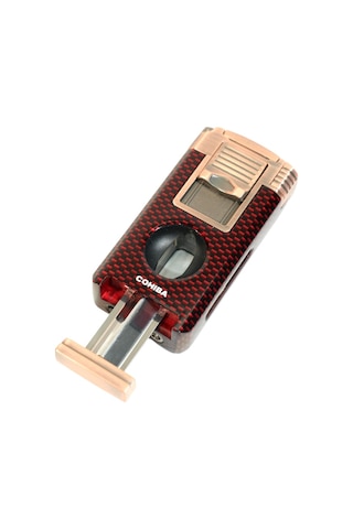Cohiba Çift Torch Pürmüz Dahili Kesici Delicili Kırmızı Karbon Desenli Bronz Metal Puro Çakmağı - Tr9586