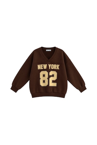 Vadon 1046 Kadın V Yaka New York Baskılı 3 İplik Pamuklu Sweatshirt Kahverengi