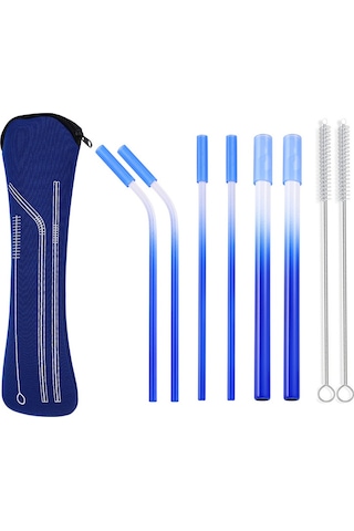 8'li Set Paslanmaz Çelik Metal Pipet, Renkli Ve Yeniden Kullanılabilir Mavi