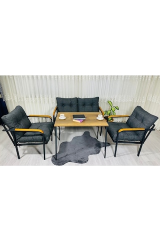 Madame Home Kadife Balkon, Bahçe,teras,cafe - Salon - Metal Kanepe Koltuk Takımı - 2+1+1 + Masa Antrasit