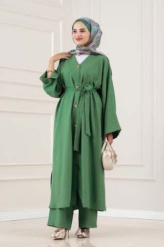 Sevitli Düğmeli Davin Abaya İkili Takım-yeşil-5980